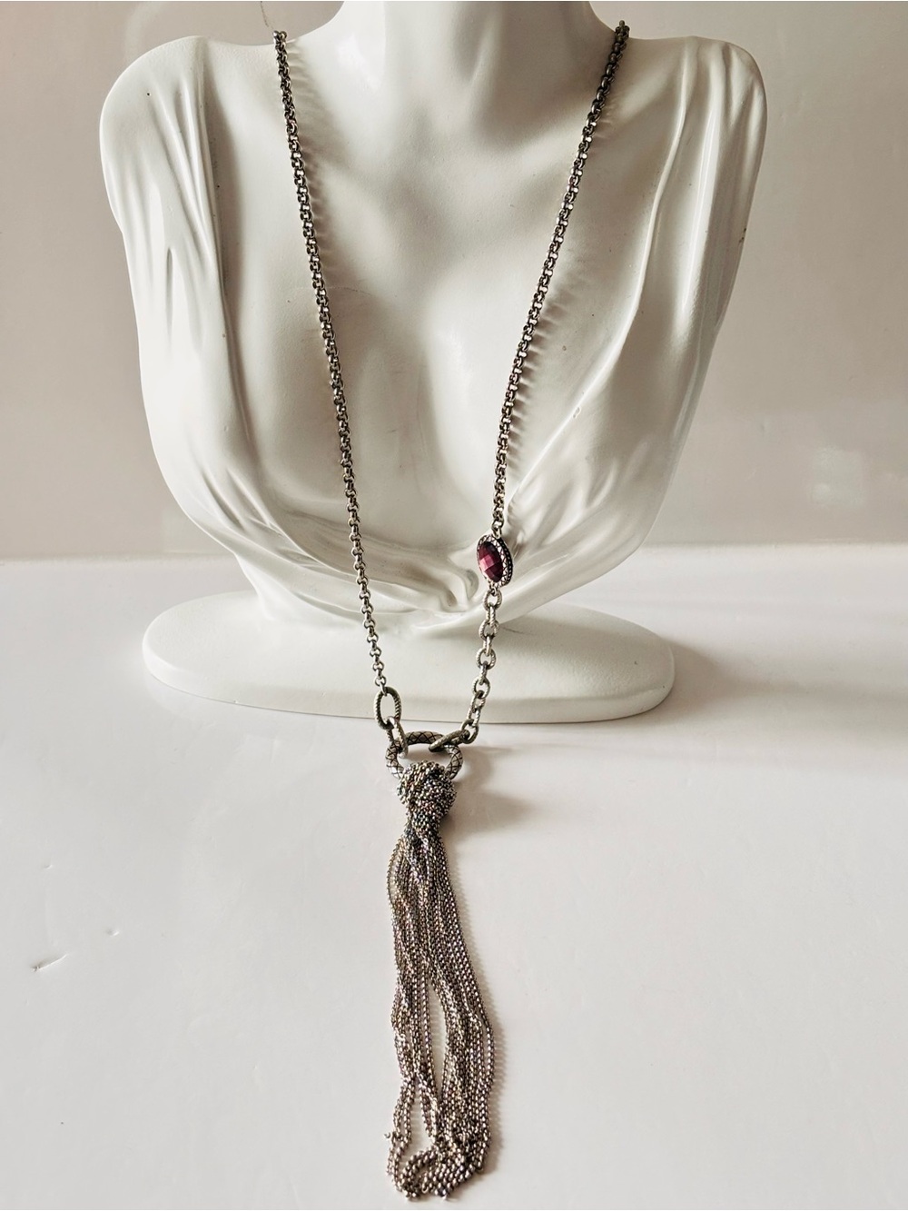 Tocara long stainless steel tassel necklace whit 2 side faceted stones